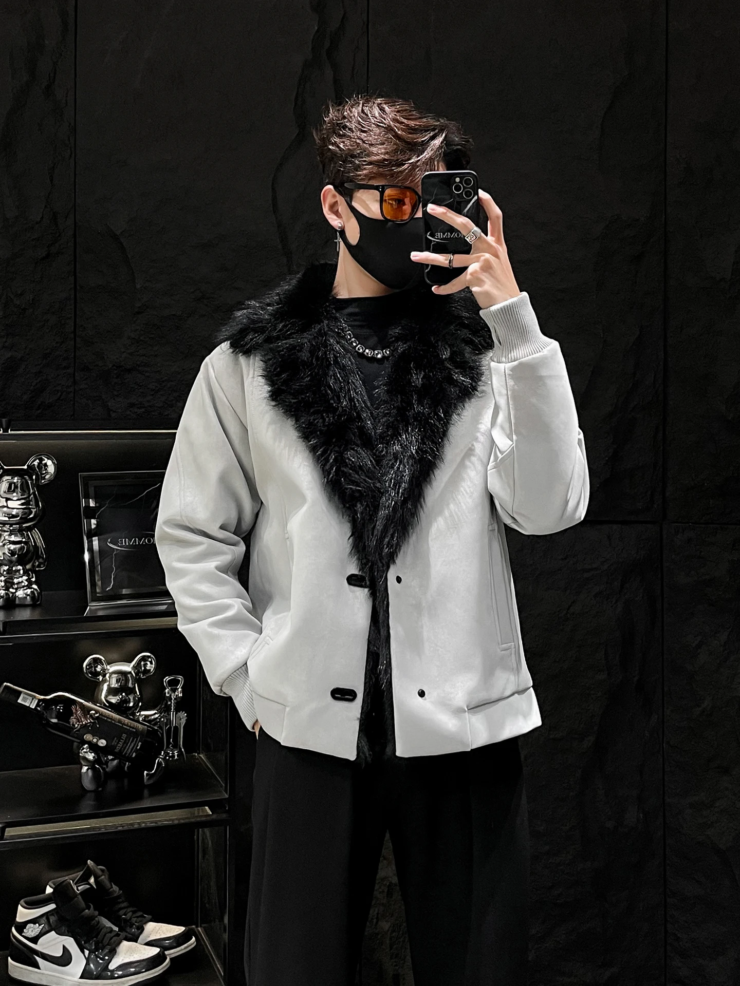 

Мужское пальто из искусственной кожи с меховым воротником из кроличьего меха, утепленное хлопковой подкладкой, повседневное, свободного кроя, длинное