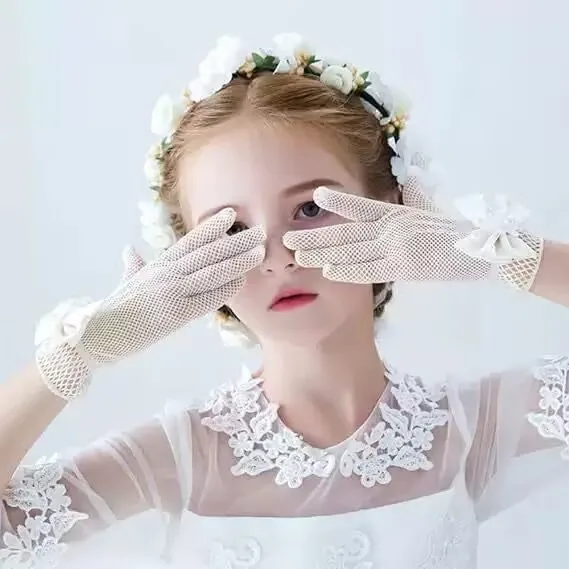 Gloves Princess Flower Girl Bridal Wedding Dress Mesh Bow Stretch White Polyester Spandex Lightweight Breathable Elegant
