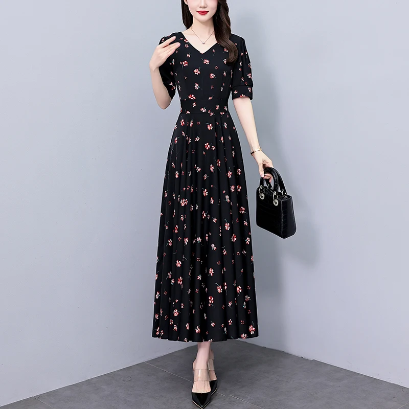 2025 Vintage imprimé fleuri décontracté noir Maxi robe printemps été bal en mousseline de soie robe élégante femmes moulante fête soirée robes