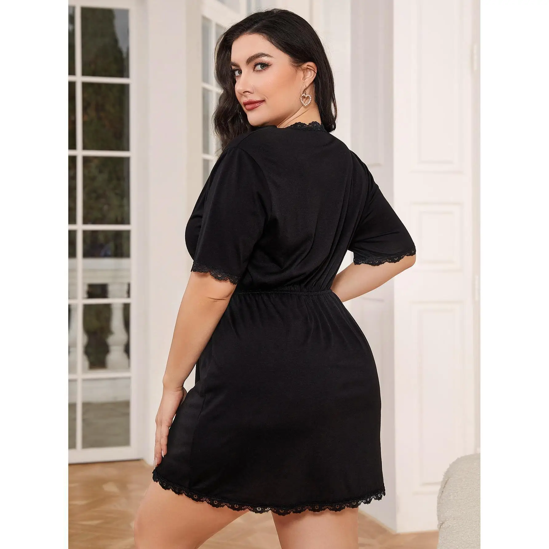 Large Size L-5XL Women Pajamas Black Lace V-Neck Short Sleeves Nightwear Female Summer Sexy Nightgown Mujer Loose Lounge Wear