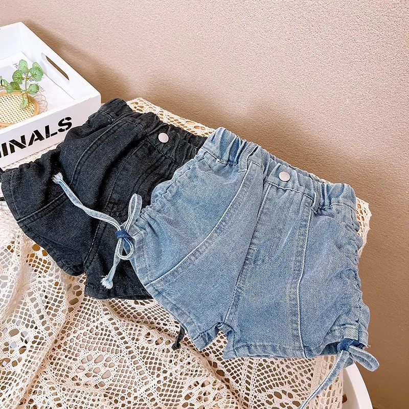 

Girls' Denim Shorts Stylish Casual Pants Summer New Korean Style Drawstring Straps Solid Color Jeans for Outer Wear Kids Shorts