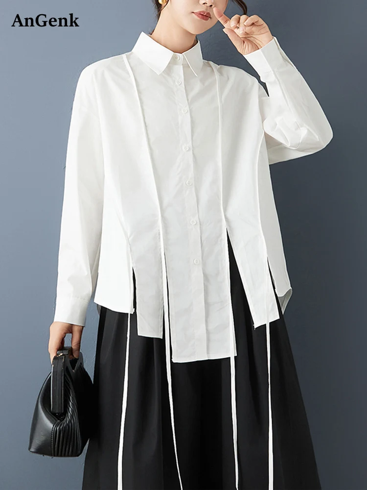 

Хлопковая асимметричная белая винтажная рубашка большого размера, женская новая свободная повседневная блузка с лацканами и длинными рукавами, верхняя одежда, весна-осень 2025