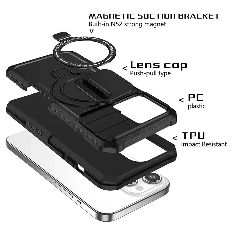 Armor Stand Holder Full Slide Cap Phone Case For IPhone 15 14 13 12 11 Pro Max Plus Magsafe Wireless Charge Magnetic Cover