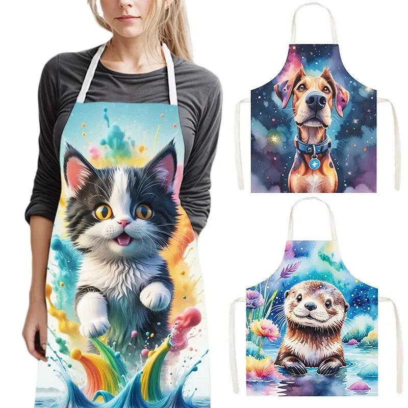 Watercolor Animal Print Kitchen Apron Cat Dog Panda Dolphin Pinafore Household Cleaning Tool Baking BBQ Chef Cooking Aprons