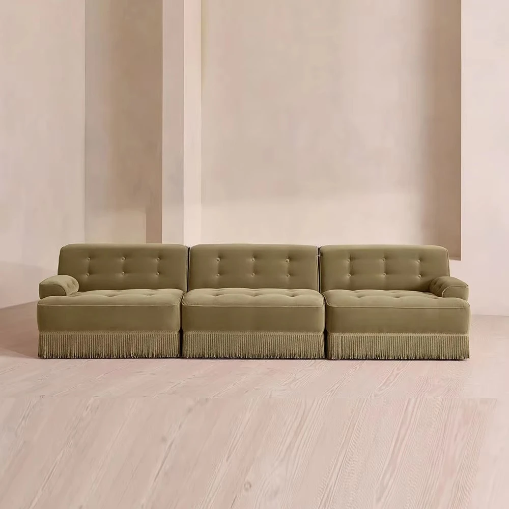 KR-French Contemporary Modular Sofa with Velvet Upholstery Tonal Fringing Piping Button Detailing Sponge-Filled~