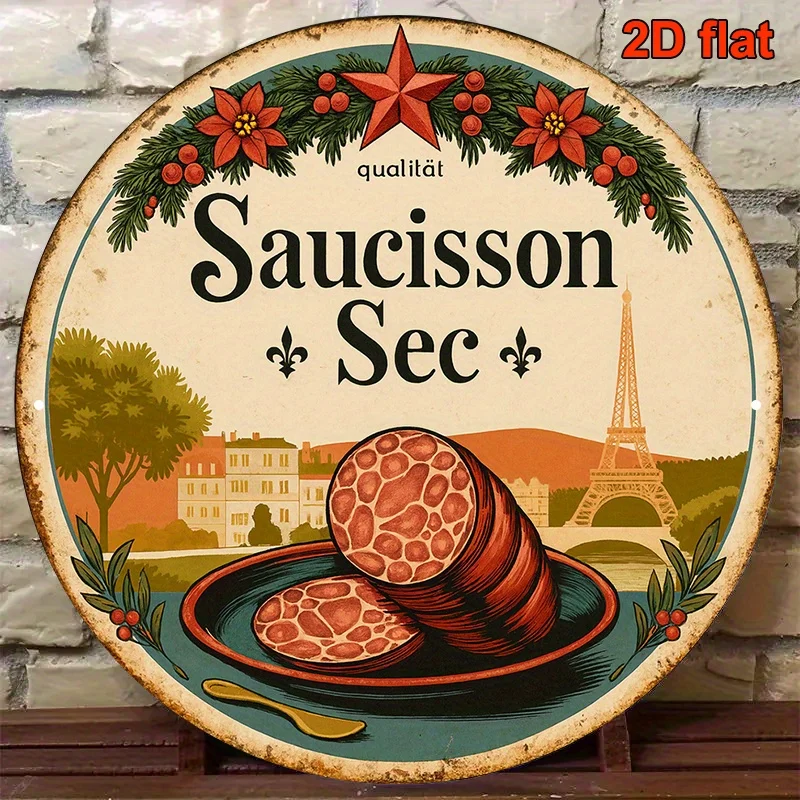 Vintage French Dry Sausage Sign 8x8 Round Aluminum Decor