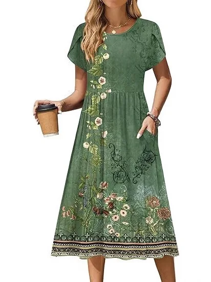 캐주얼 또는 중간 길이 프린트 드 플로럴 프린트 A라인 스커트 신축성 있는 허리 폴리에스터 섬유 기본 슬리브 싱글 피스