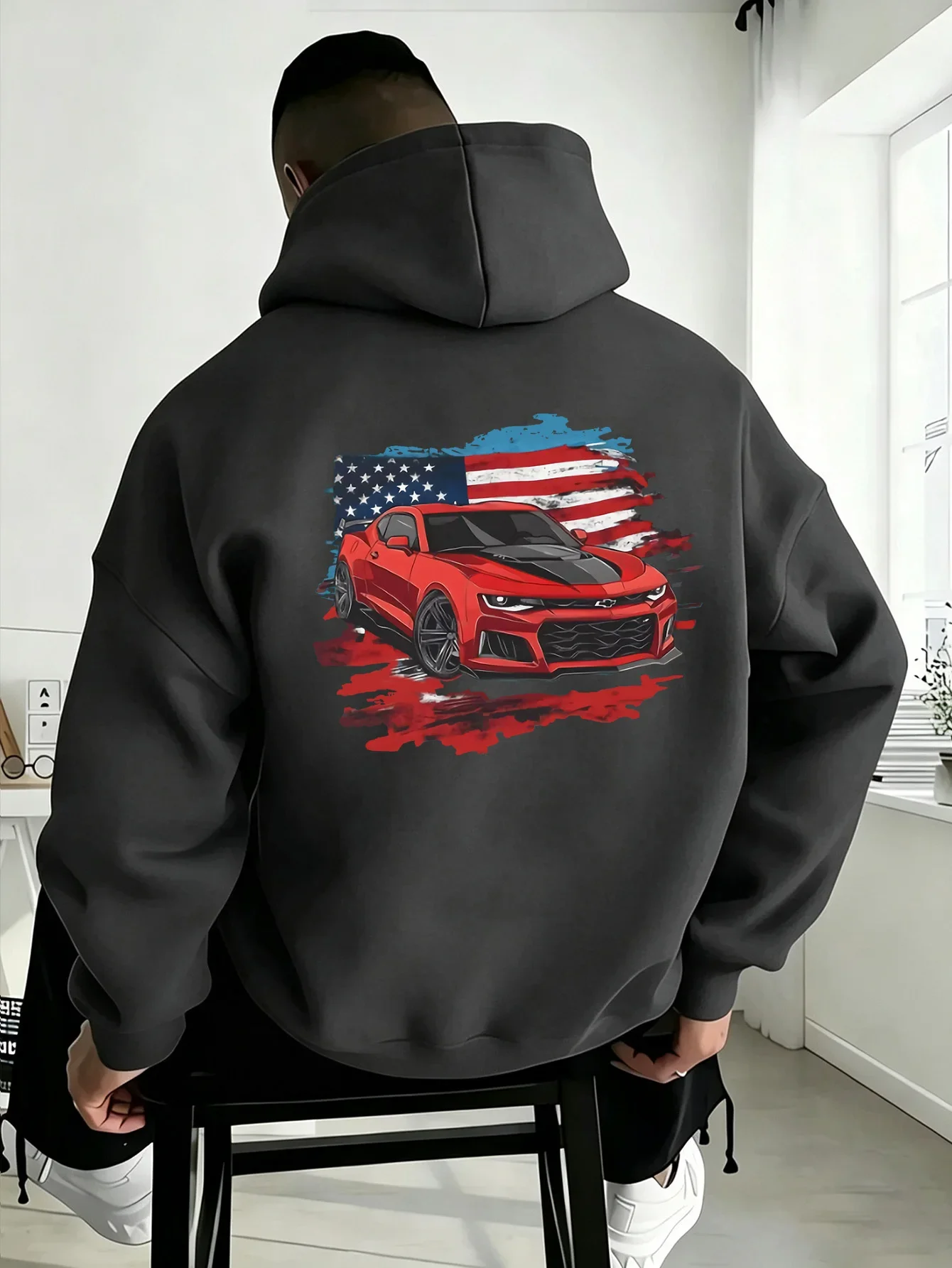 Hot Selling American Muscle Car Flag Graphic Hoodie Men Women Oversized Casual Streetwear Hooded Sweatshirt