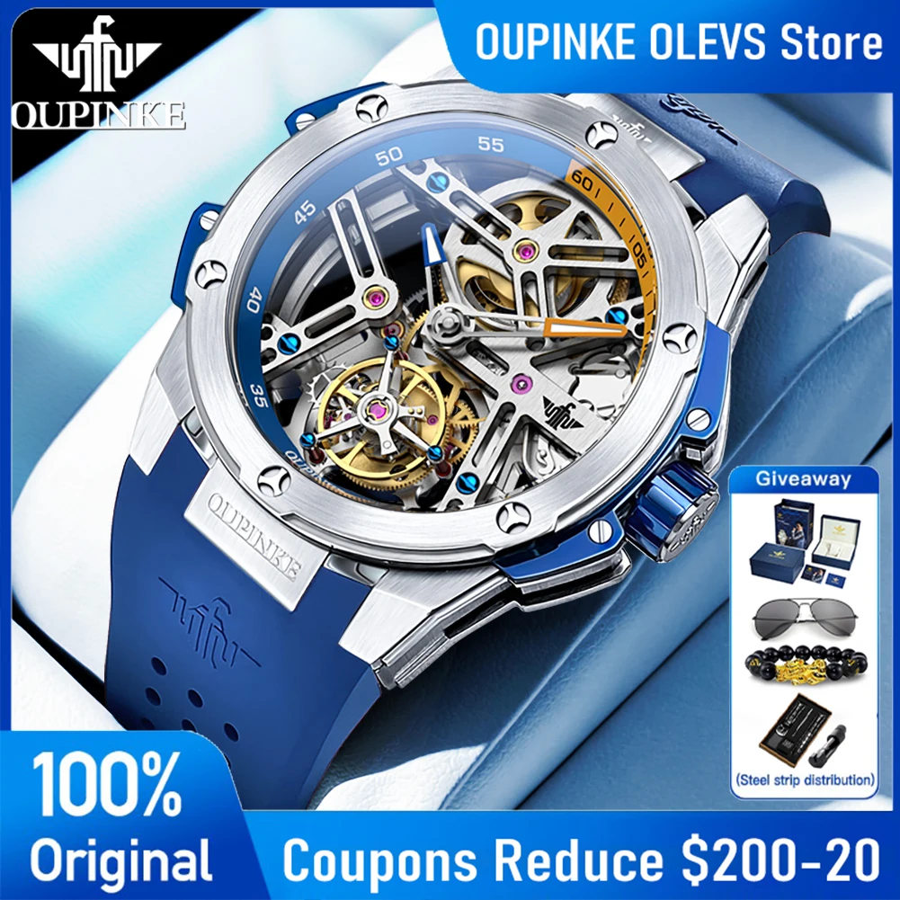 

OUPINKE 8003 Mens Watch Luxury Skeleton Fully Automatic Mechanical Watch 50M Waterproof Silicone Strap Sports Watch Gift Box