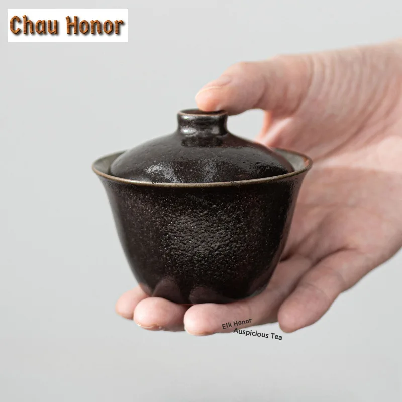 ZAEYORIA 100ml Black Shino Starry Night Gaiwan Elegant Tea Tureen Tea Bowl with Lid Kit Tea Making Cover Bowl Drinkware Craft