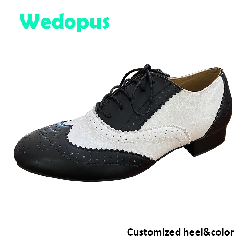 Wedopus Customized Heel Men\'s Dance Shoes Ballroom Black and White Man Modern Dance Shoes Suede Sole