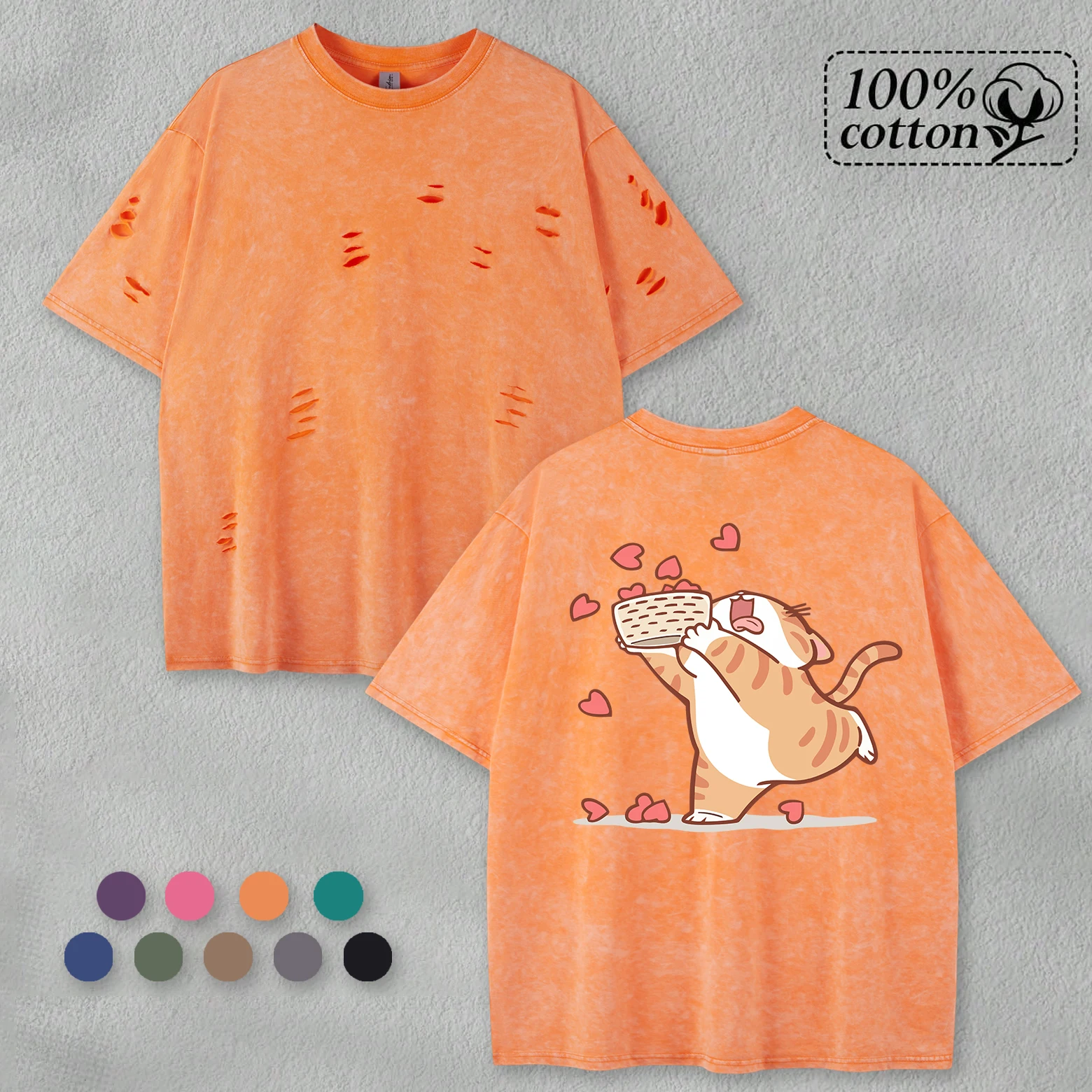 

Collecting Loving Cartoon Cats Retro Men Holes T-Shirt Summer Loose O-Neck Tee Hip Hop Clothes Soft Cotton Unisex Washed Top