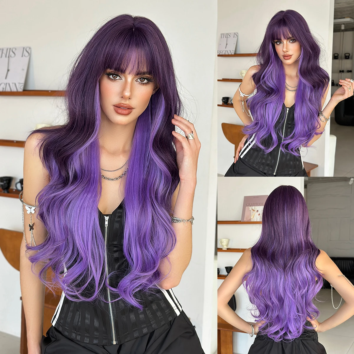 

NAMM Костюм на Хэллоуин Парик Синтетические свободные волнистые фиолетовые парики с аккуратной челкой Черный градиент Высокая плотность Волнистые волосы Парик