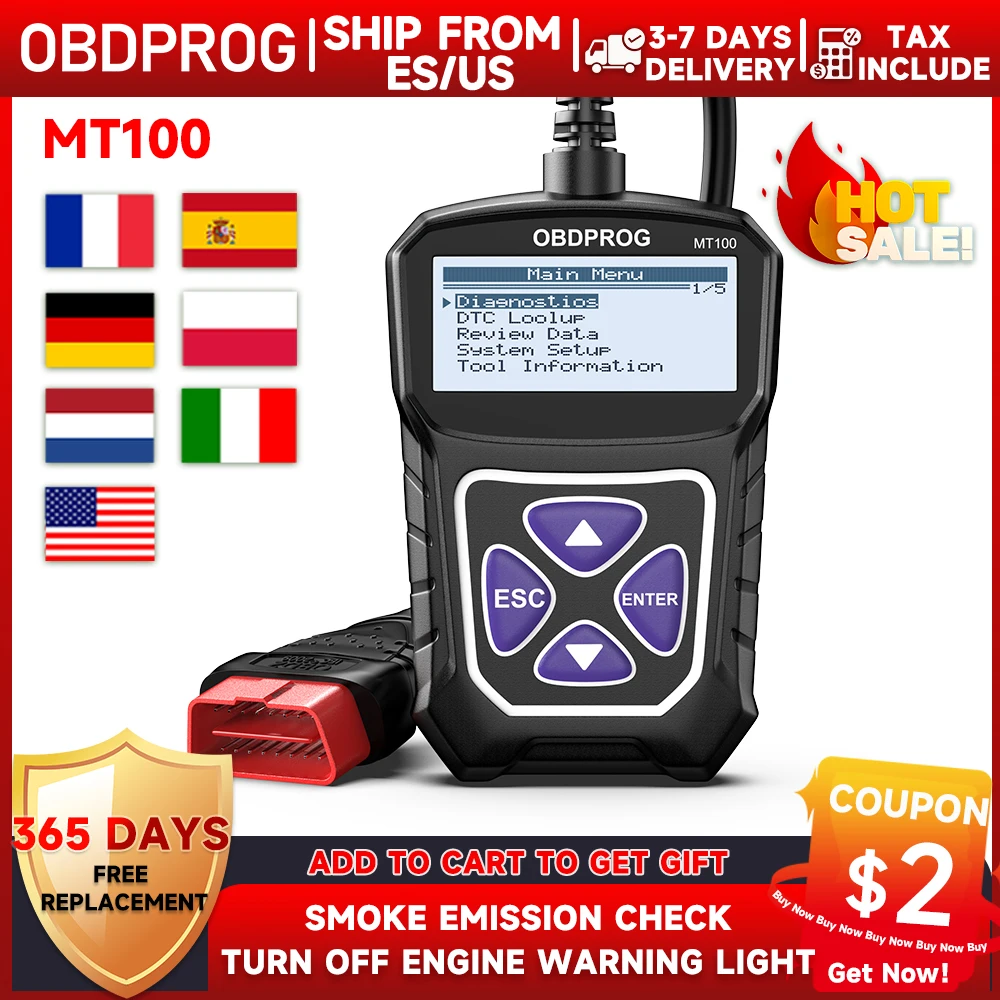 OBDPROG MT100 OBD2 Automotive Scanner Code Reader Car Diagnostic Tool EOBD Engine Check PK ElM327