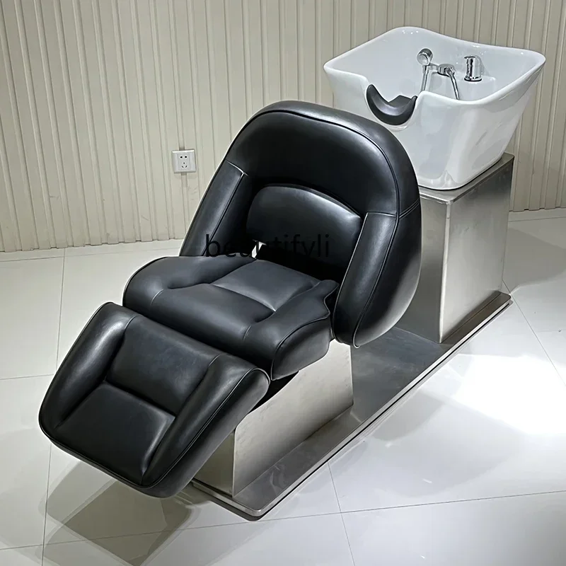 Silla de champú eléctrica tumbada, cama de media descarga, barbería, salón de belleza, lavabo de cerámica, lavado de cabello, reclinable