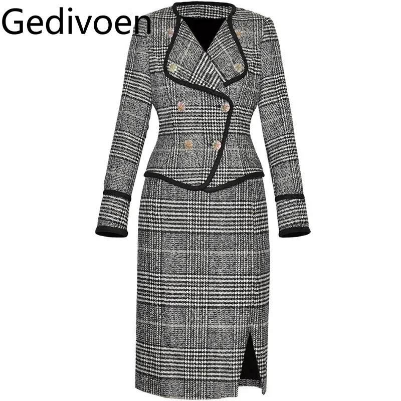 Gedivoen Autumn Women's Commuter Suit Turn-Down Collar Long-Sleeved Short Coat Tops+Pretty Slim Skirt Plaid 2 piece set