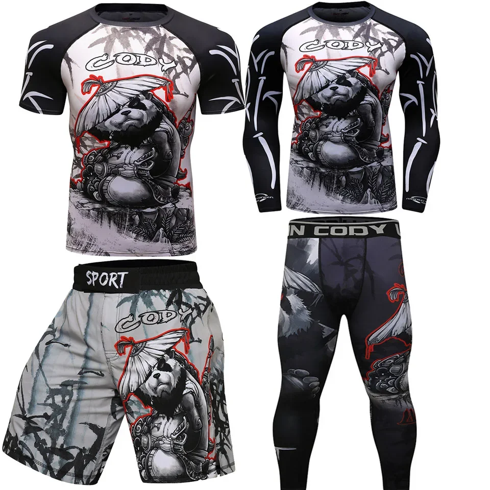 Jiu Jitsu Rashguard MMA T-shirt +Pant Sets Men Boxing Grappling Bjj Gi Rash Guard Sportsuits Gym Muay Thai MMA Shorts Sportswear