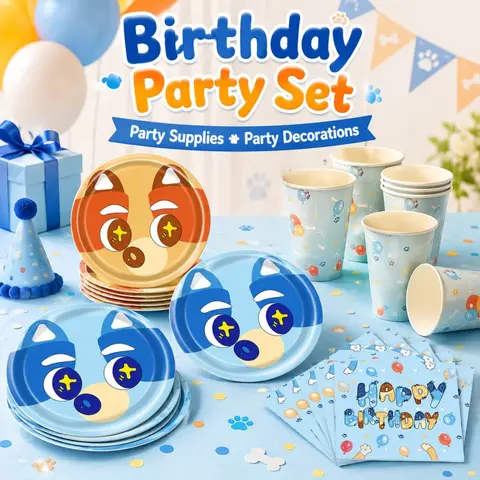 Blue dog Combination Disposable Cartoon Pattern Birthday Party Decoration Plate Cups Napkins Themed Celebration Occasion Decor