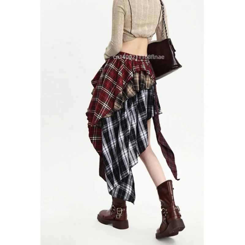 Roupa de dança de rua feminina, saia plissada xadrez retrô de nicho, saia irregular emagrecedora de verão, saia curta, estilo hip-hop casual