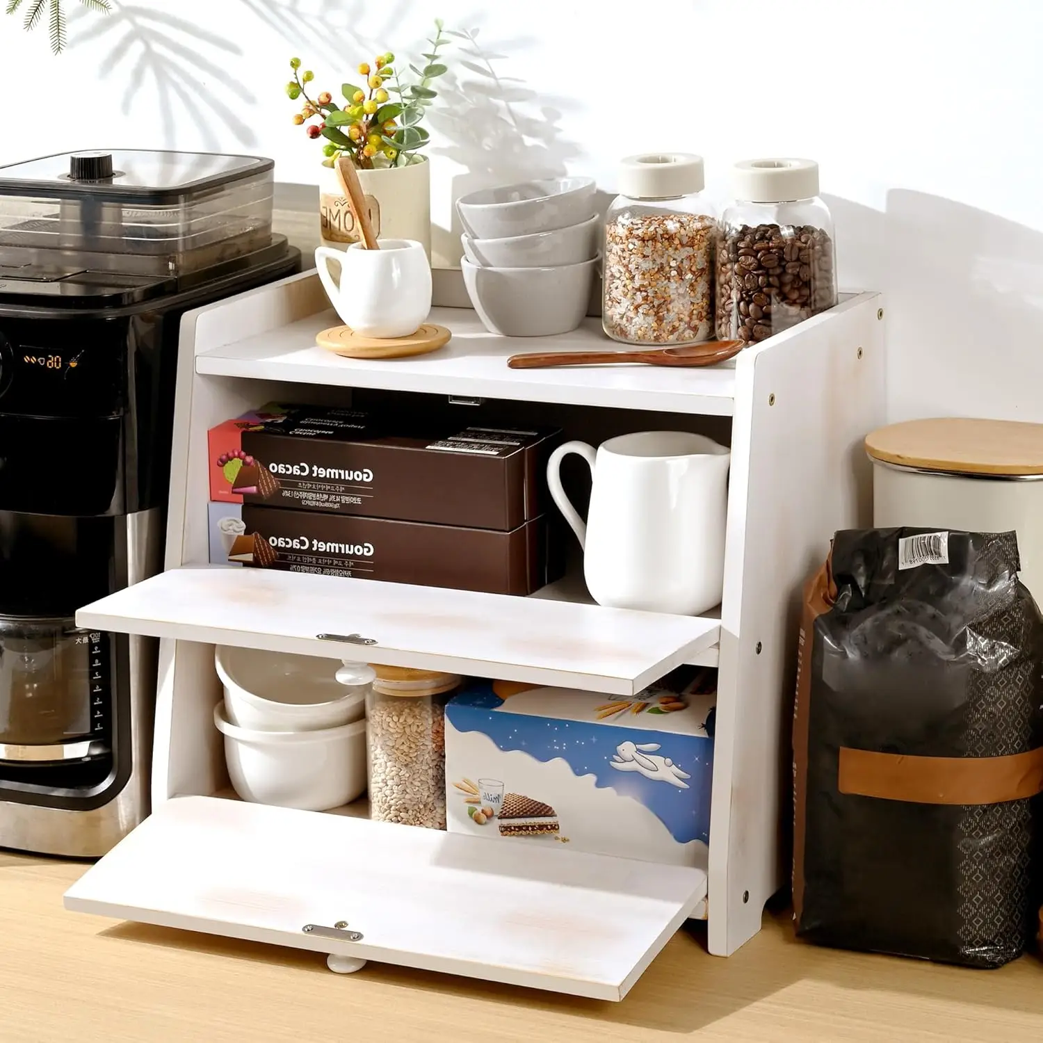 Vintage Double Layer Bamboo Bread Box, Large Capacity Kitchen Storage Container for Homemade Bread (White)