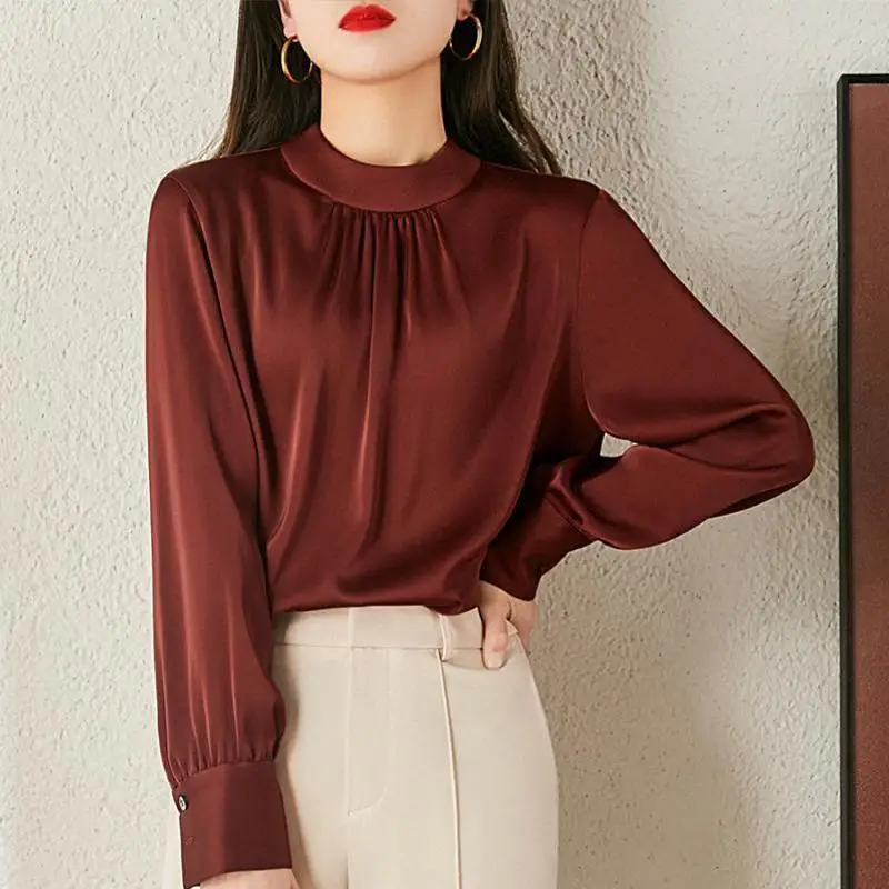 Women Satin Ruffled Lace Up Bow Vintage Elegant Blouse Korean Fashion Business Casual Office Lady Shirt Solid Long Sleeve Blusas