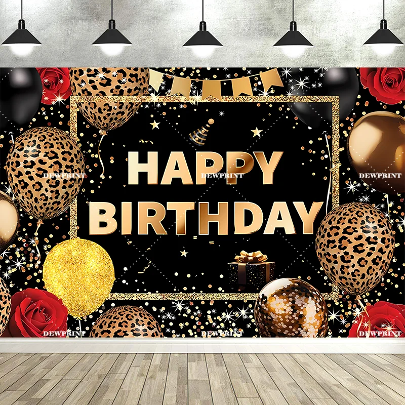 Happy Birthday Backdrop Leopard Golden Glitter Balloon Background for Woman Party Decoration Supplies Banner Photo Studio Props