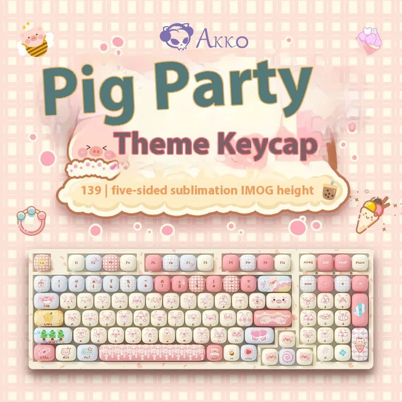 AKKO keyboard mekanik keycap, tema pesta babi, MOG tinggi keycap set lengkap, 139 kunci, lima sisi sublimasi, carto lucu