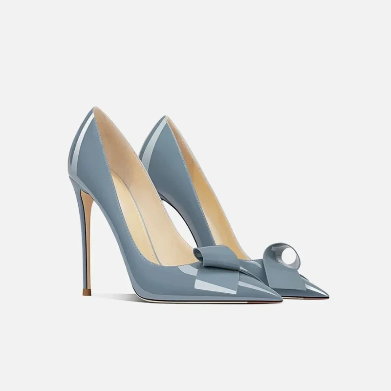 Fog Blue Patent Leather Pointed Toe Stiletto High Heels Romantic French Large Bow Plus Size Cross-Dressing Flat Shoes