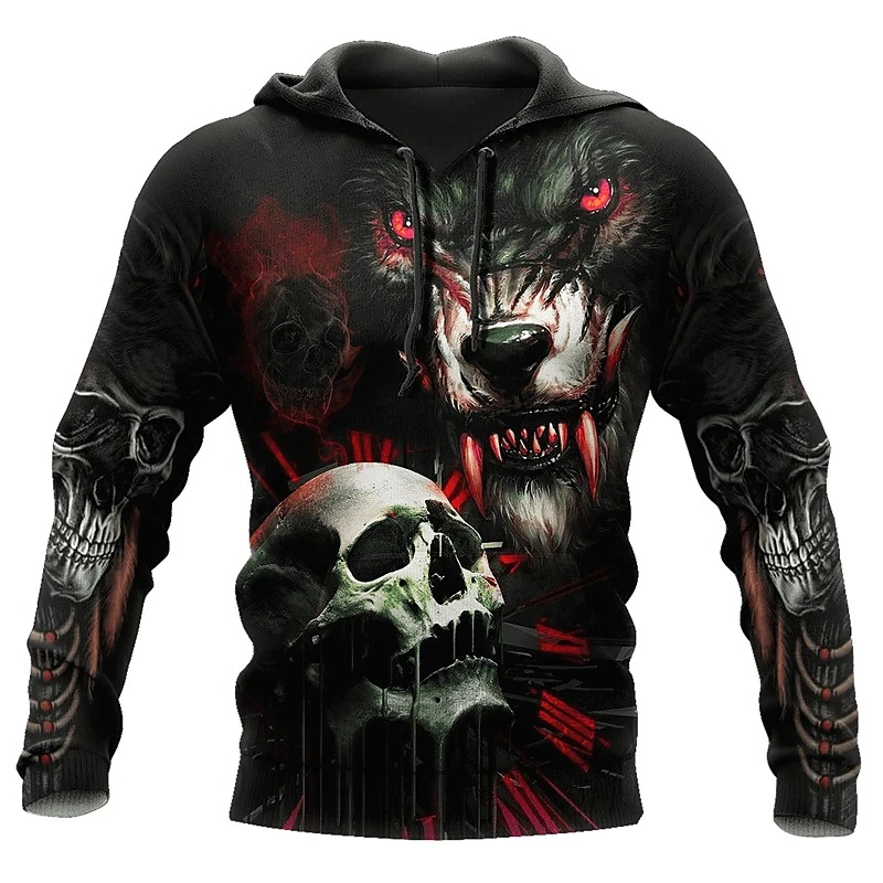 Men's Hooded Sweatshirt in Gothic Style with 3D Printed Skull and Rose Pattern  A Terrifying and Unique Top-level Men's Clothing