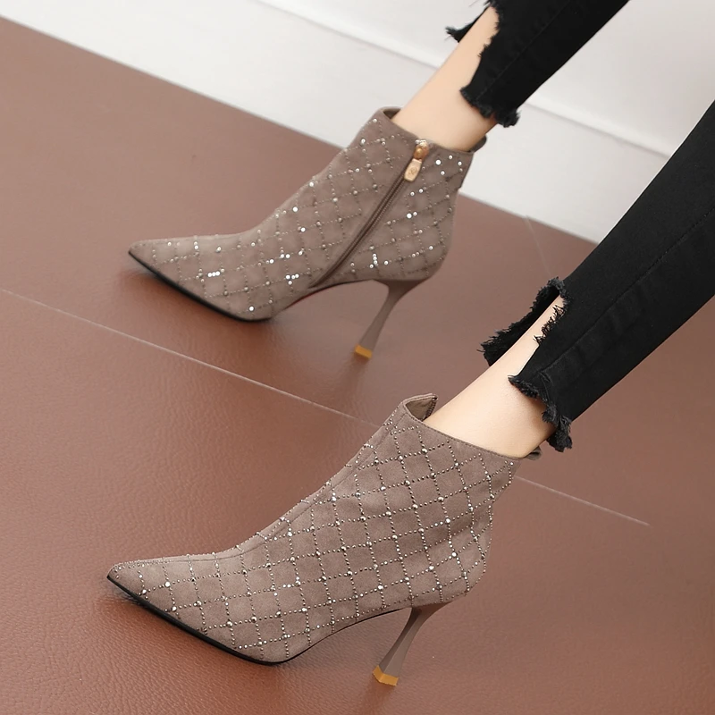 Shoe Women\'s Autumn Boots Heeled Shoes Botins Luxury Brand Woman Stripper Heels Vintage Sexy Rhinestone Ankle 2022