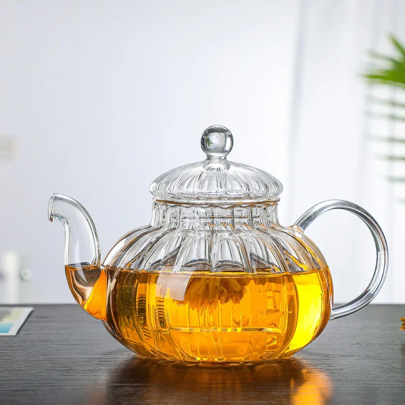 

600ml Striped Pumpkin Shape Glass Teapot With Filter Heat Resistant Flower Tea Pot Kung Fu Puer Kettle Glass Tea Set Teaware