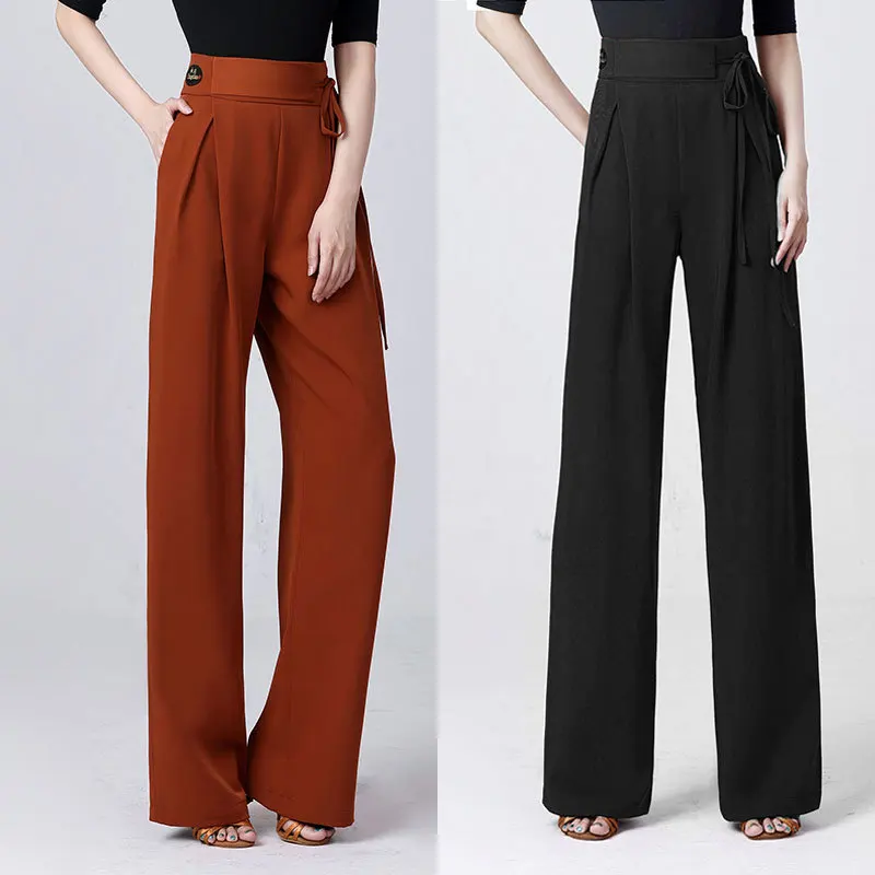

New Slim-Fit Latin Modern Dance Trousers for Women Side-Waist Tie-Belt Design Fashionable Premium Ballroom Dance Trousers