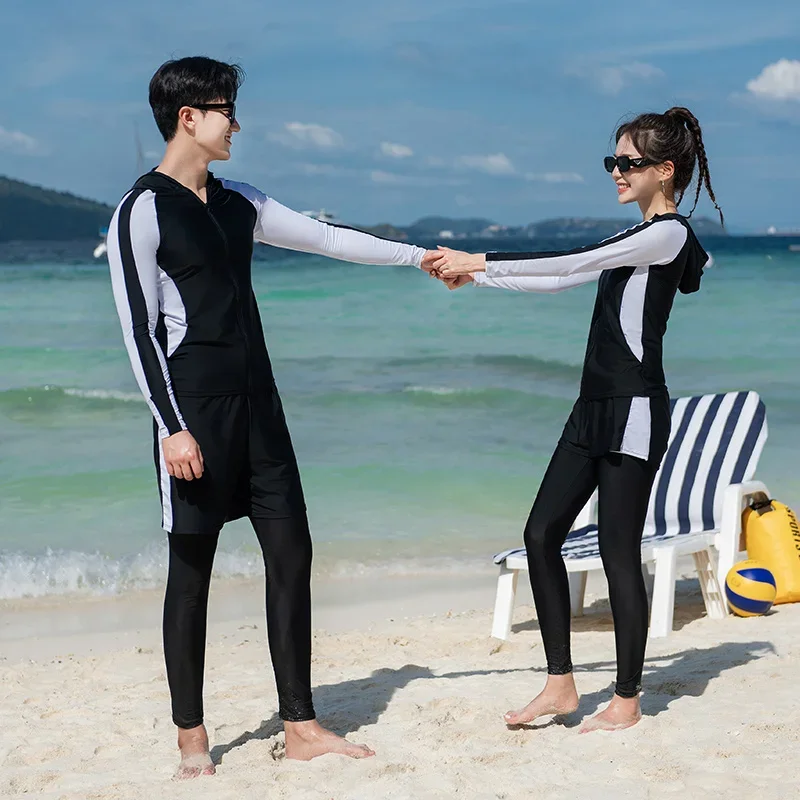 4PCS Women Long Sleeve Rash Guards Couple Patchwork Swimsuit Zipper Swimwear Bathing Suit Surfing Pad Long Pant Couples Men 3Pcs