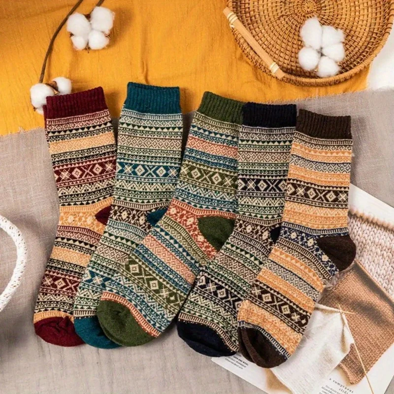 5 pares de calcetines de tubo medio a rayas retro, botas de nieve de moda, calcetines cálidos multifuncionales casuales para exteriores, otoño e invierno