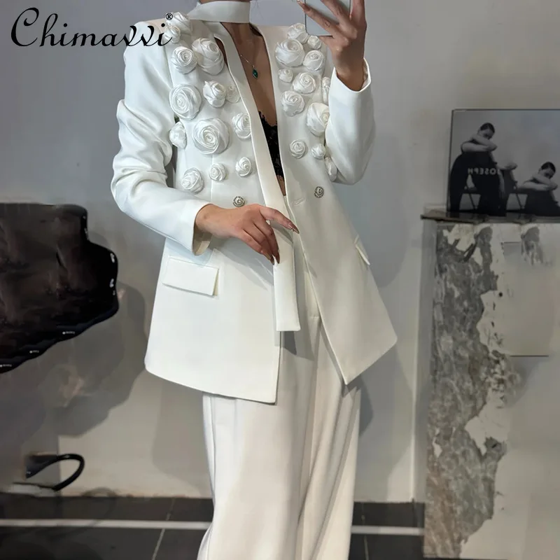 

French Temperament Commuter 3D Flower Lace-up Slim Blazers Jacket High Waist High Waist Pants Two-piece Suits Women 2026 Spring