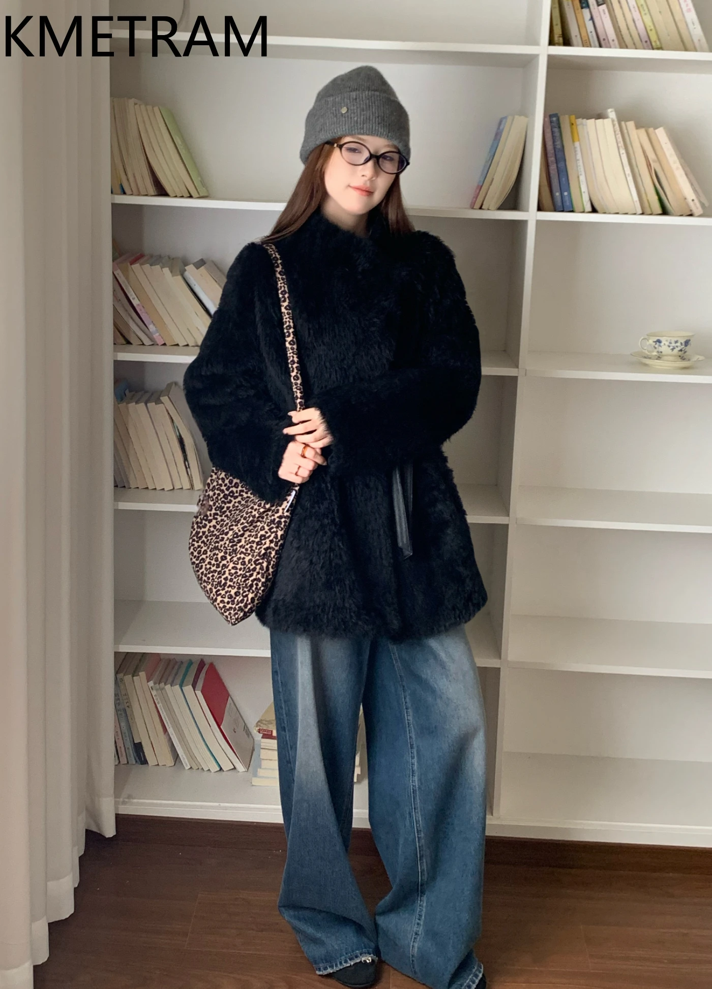 KMETRAM Real Sheepskin with Wool Attached Jacket Women Black Reversible Fur Coat 2025 New in Coats Winter Woman Clothing шуба