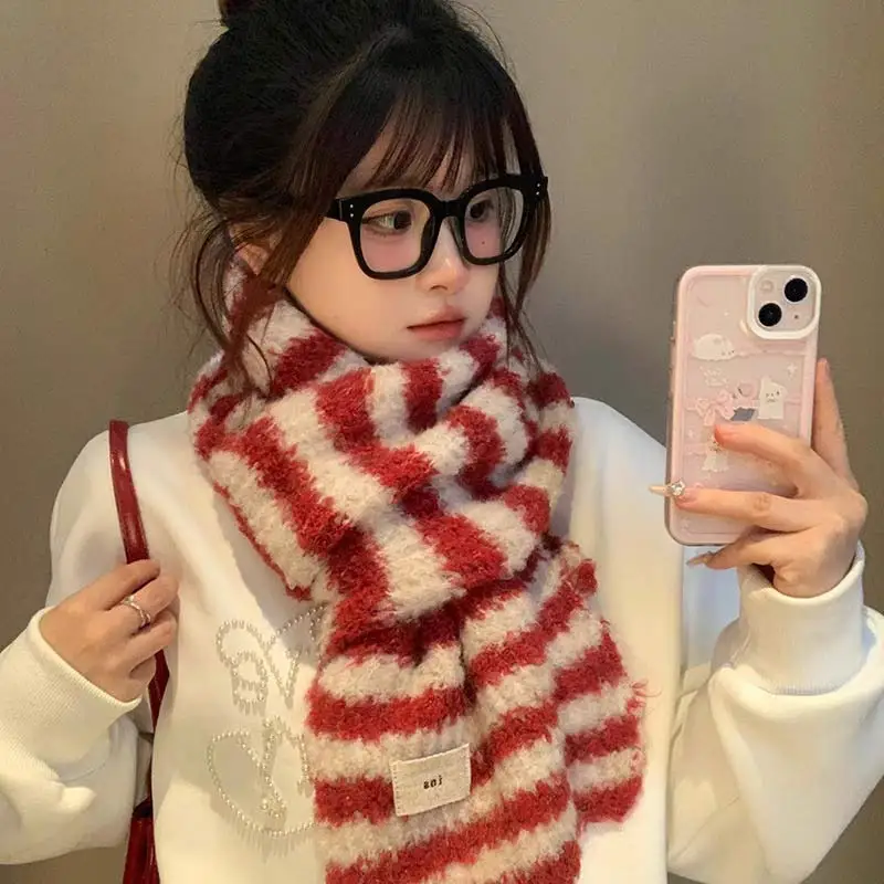 Red Stripe Soft Glutinous Knitted Scarf Women Autumn And Winter 2025 Korean Series Atmosphere All-match Thick Warm Scarf