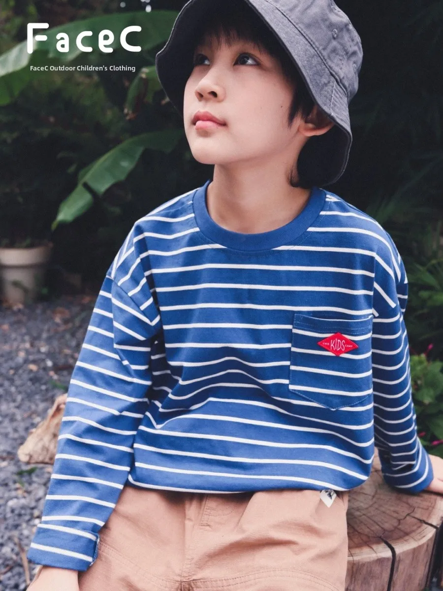 Loose Long Sleeve Striped Camping T-Shirt for Kids FaceC Mountain Series Children's Clothing Spring Autumn Unisex