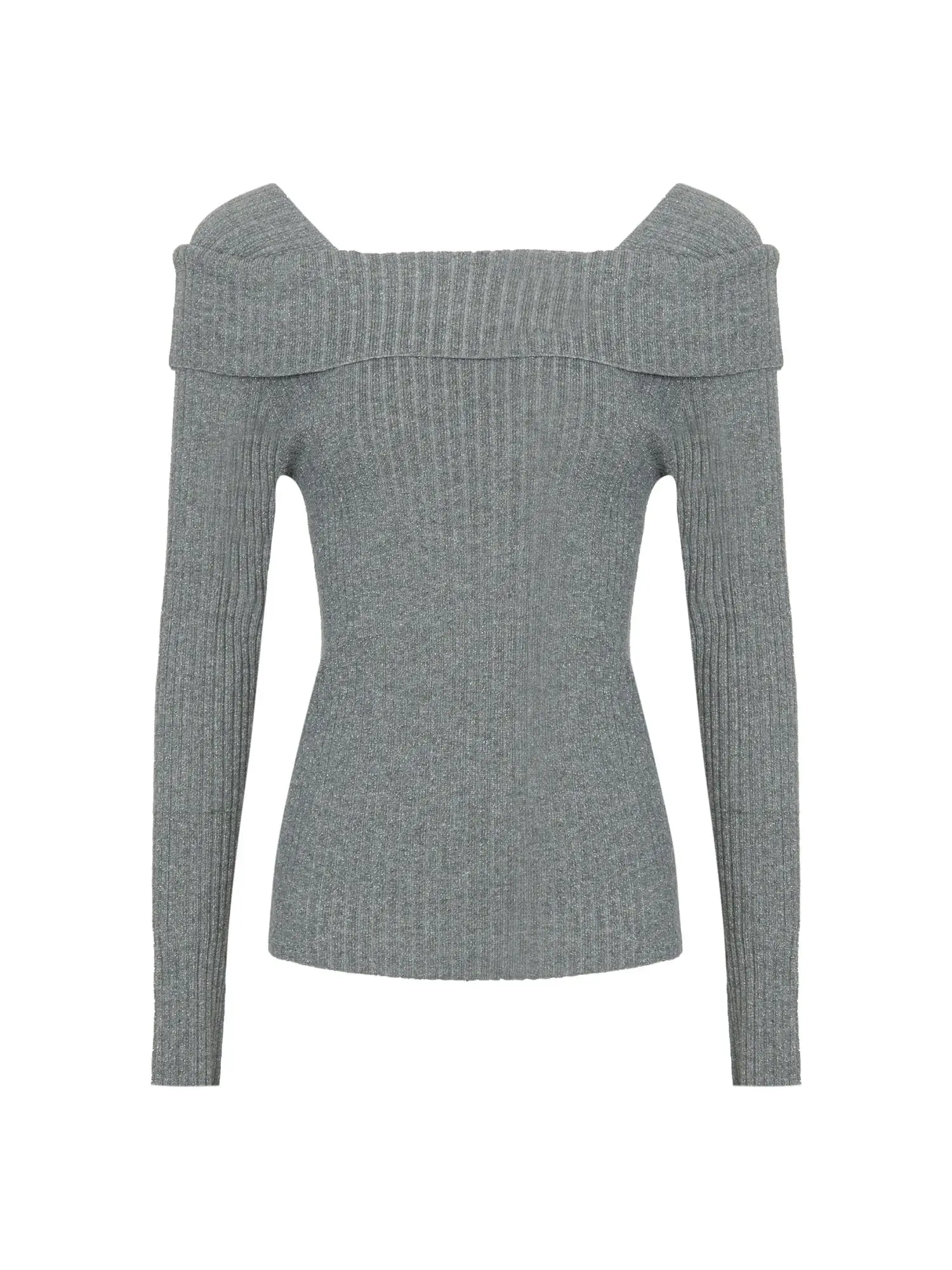 EGGKA Irregular Square Neck Knitwear Female Slim T-shirt Basics Solid Color Long-sleeve Knit Shirt 2024 Autumn New Gray T-shirts