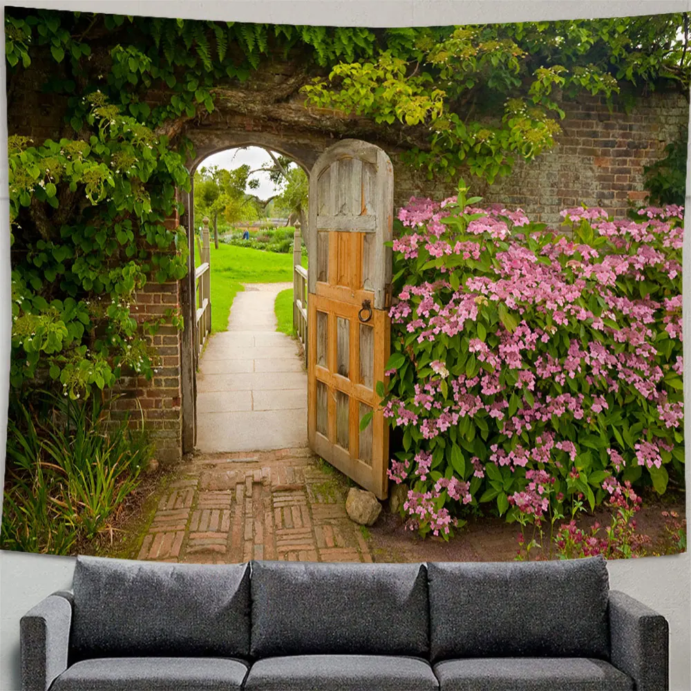 Spring Flowers Wood Fence Tapestry Nature Pink Rose Plant Flower Wall Hanging Garden Window  Scenery
