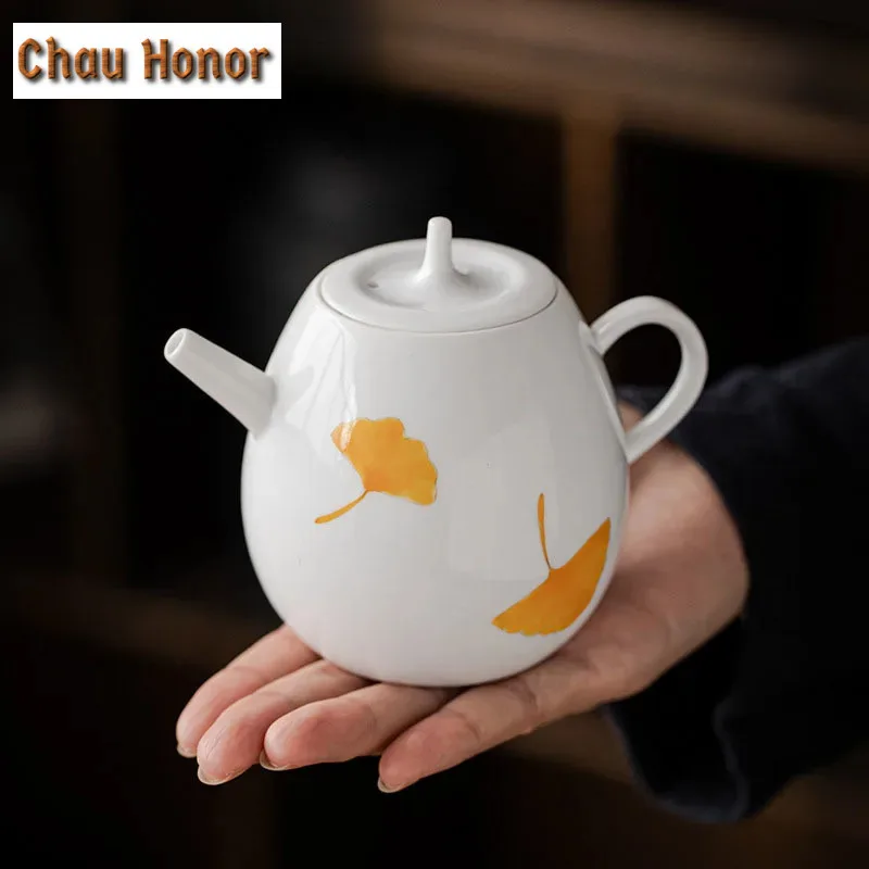 230ml White Porcelain Teapot Single Pot Handmade Yellow Gingko Art Ceramic Teapot With Strainers Household Kung Fu Puer Teaware