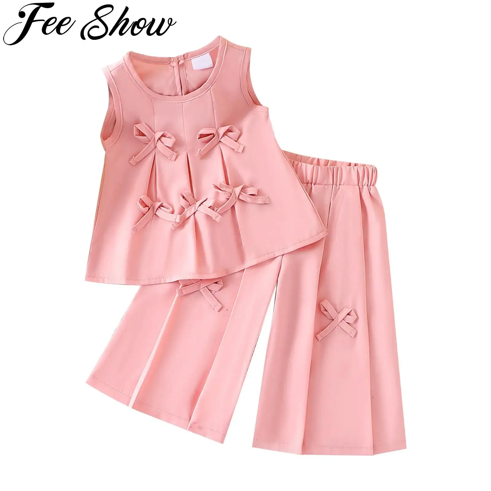 

Baby Girls Clothes Summer Outfits Sleeveless Bowknot Ruffle Tops with Wide Leg Pants Wedding Party Daily Wear Toddler Clothing