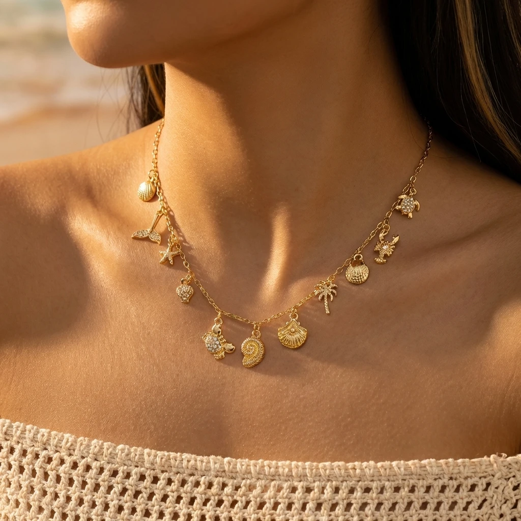 Boho Mehrfach-Anhänger Quasten-Halskette für Frauen Ozean-Serie Korallen-Seestern-Schildkröten-Muschel-Halskette Strand-Schmuck Urlaubsgeschenk – Detail 2