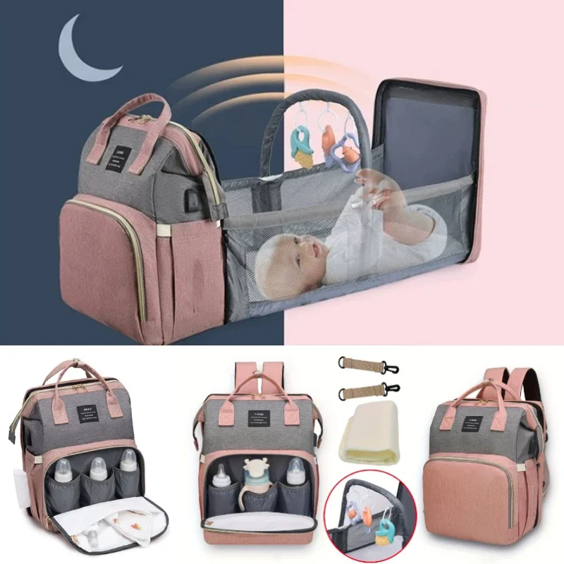 Foldable and Portable Mommy Backpack - with Crib Bed, Straps Large Capacity Diaper Bag Maternity Bag for Baby New Baby Equipment