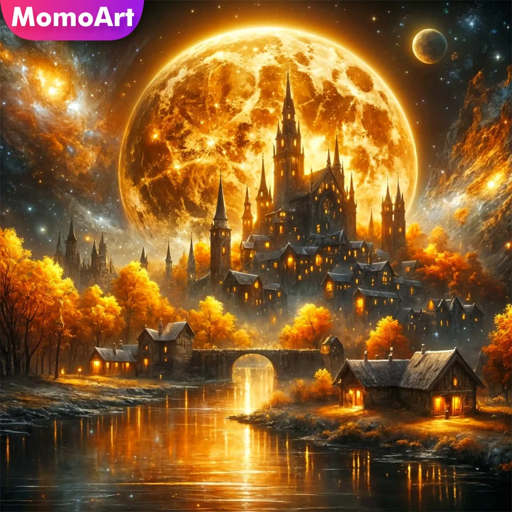 

Momoart Новое поступление Алмазная вышивка Замок Пейзаж DIY Картина Дом Мост Вышивка крестиком Алмазная мозаика Луна Настенный декор