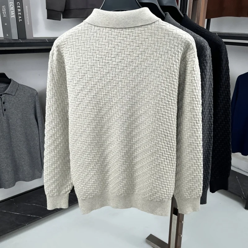 100% Cotton Men's New Autumn Winter Long Sleeves Knit Polo Lapel Woven Texture Keep Warm Sweater Leisure Trend Men's Clothing