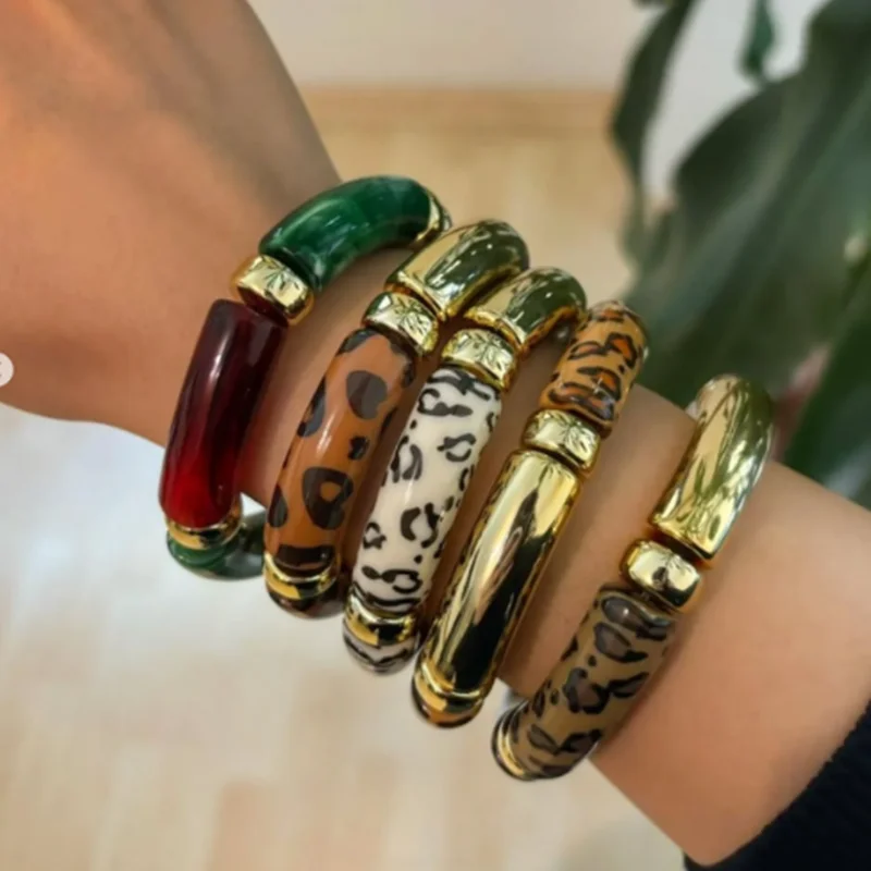 

Leopard Colorful Bamboo Curved Tube Bracelets for Women Men Punk Resin Thick Beaded Elastic Stackable Bangles Retro Jewelry Gift