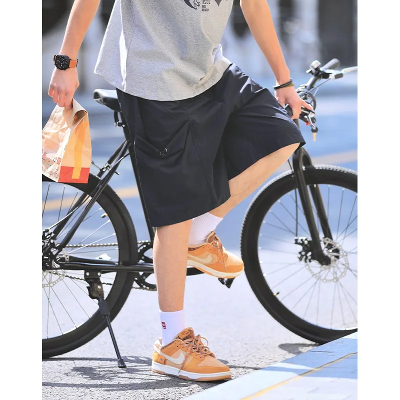 Japanese Style Workwear Short Pants Men Summer  Color Loose Straight Leg Multi Pocket Five-Quarter Casual Trousers