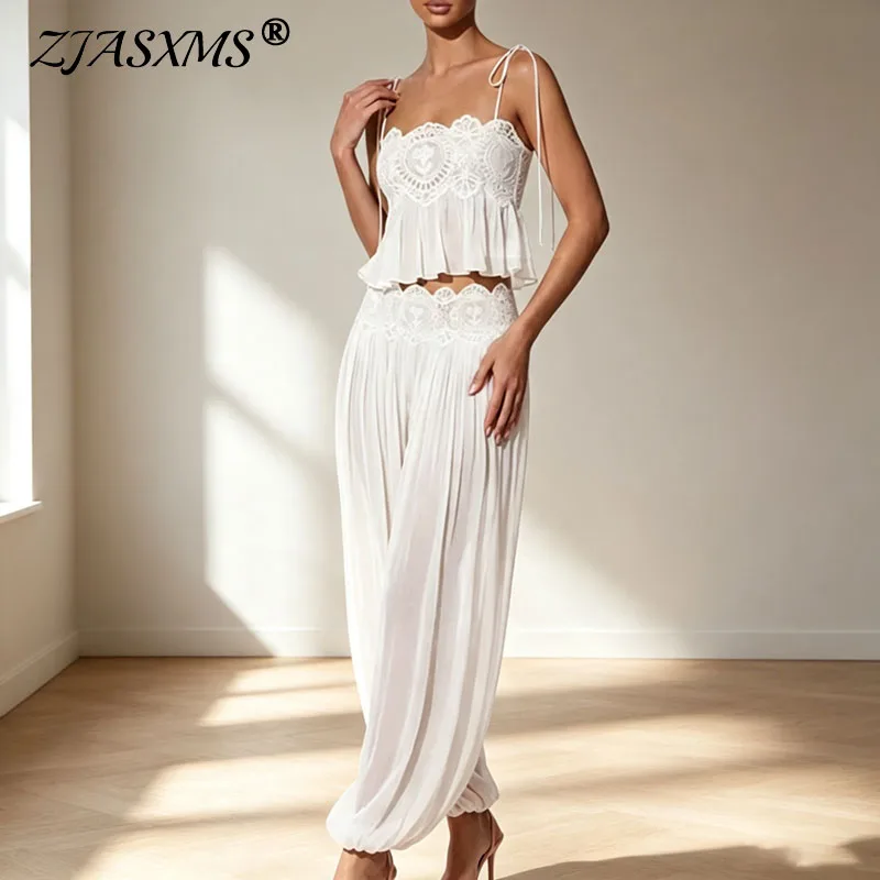 Women Lace Trim Spaghetti Strap Crop Tops & Pant Sets High Waist Harem Pants 2 Piece Outfits Bohemian Beach Vacation Solid Suits