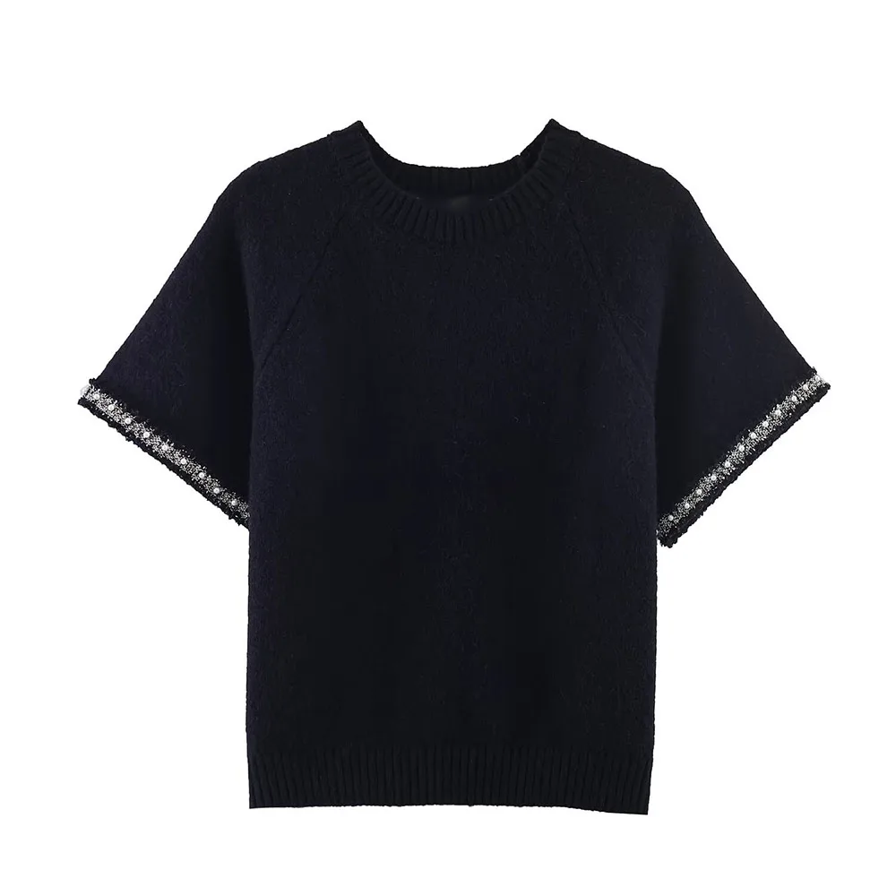 

WOMAN 2026 Summer New Fashionable Casual Round Neck Artificial Pearl Knitted Shirt Retro Versatile Hoodie Women's Top Chic